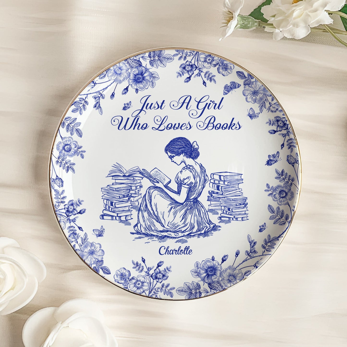A Girl Who Loves Books Chinoiserie Toile De Jouy - Personalized Jewelry Dish Christmas Gift For Daughter