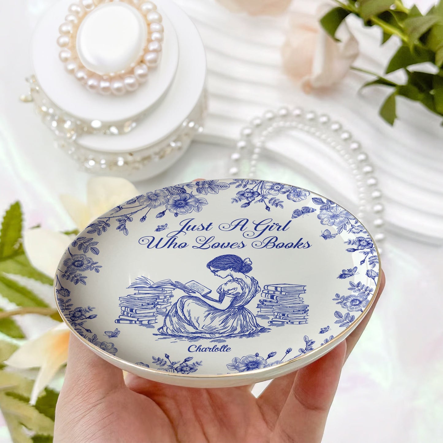 A Girl Who Loves Books Chinoiserie Toile De Jouy - Personalized Jewelry Dish Christmas Gift For Daughter