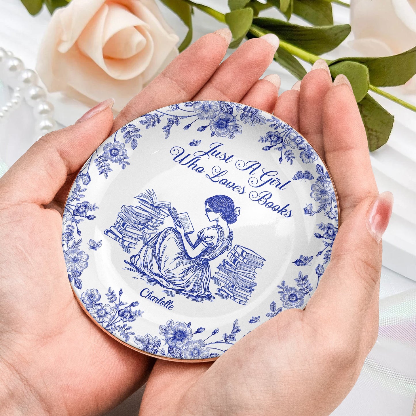 A Girl Who Loves Books Chinoiserie Toile De Jouy - Personalized Jewelry Dish Christmas Gift For Daughter