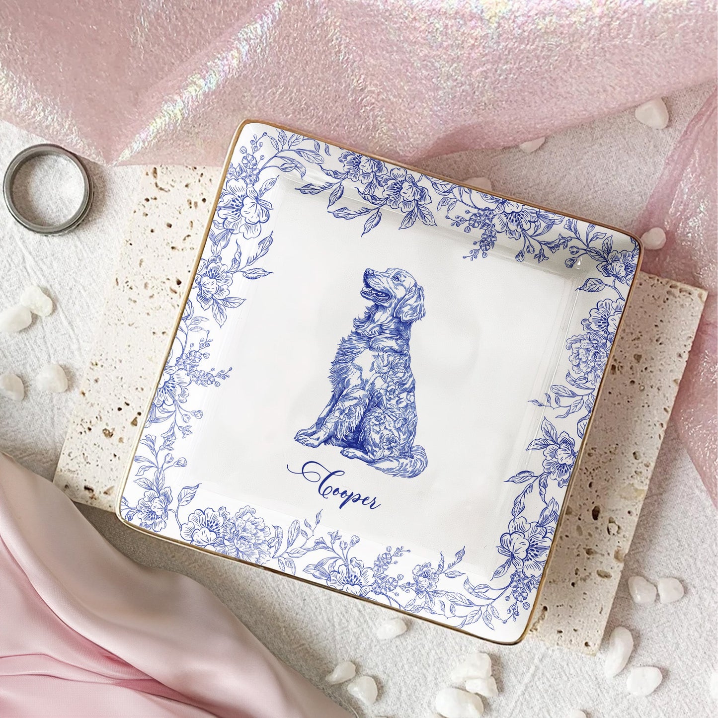Dog Lover Gift Dog Breeds Chinoiserie Toile De Jouy Style - Personalized Jewelry Dish