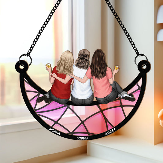 Friends, Sisters Sitting On The Moon - Personalized Window Hanging Suncatcher Ornament - Gifts For Women  Christmas Gift For Friend