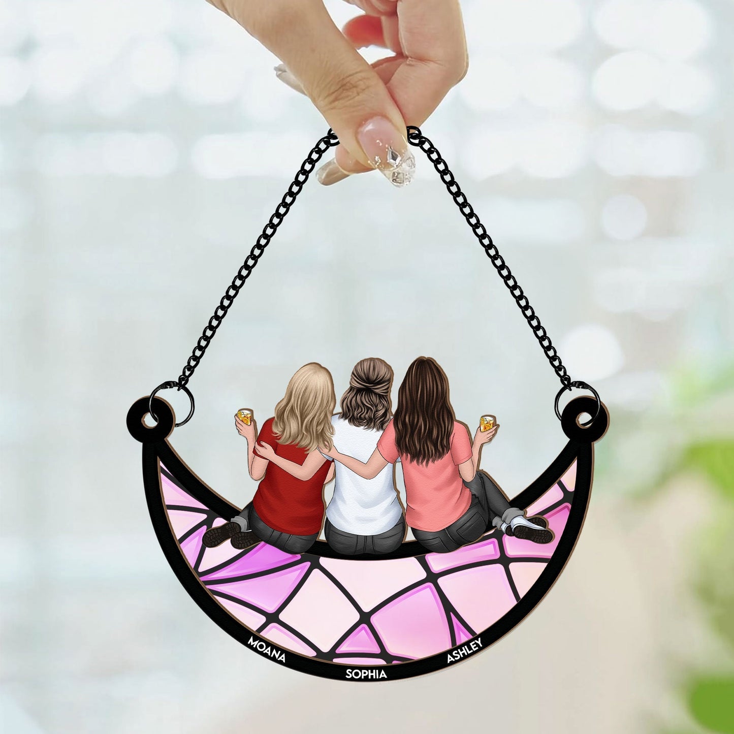 Friends, Sisters Sitting On The Moon - Personalized Window Hanging Suncatcher Ornament - Gifts For Women  Christmas Gift For Friend