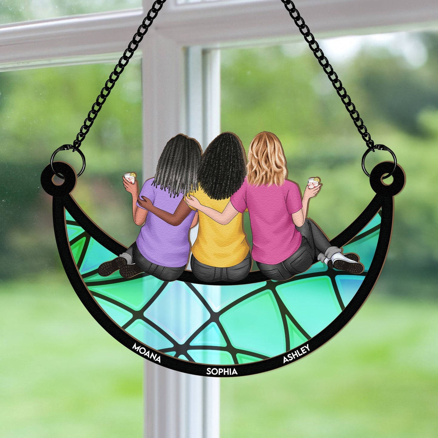 Friends, Sisters Sitting On The Moon - Personalized Window Hanging Suncatcher Ornament - Gifts For Women  Christmas Gift For Friend