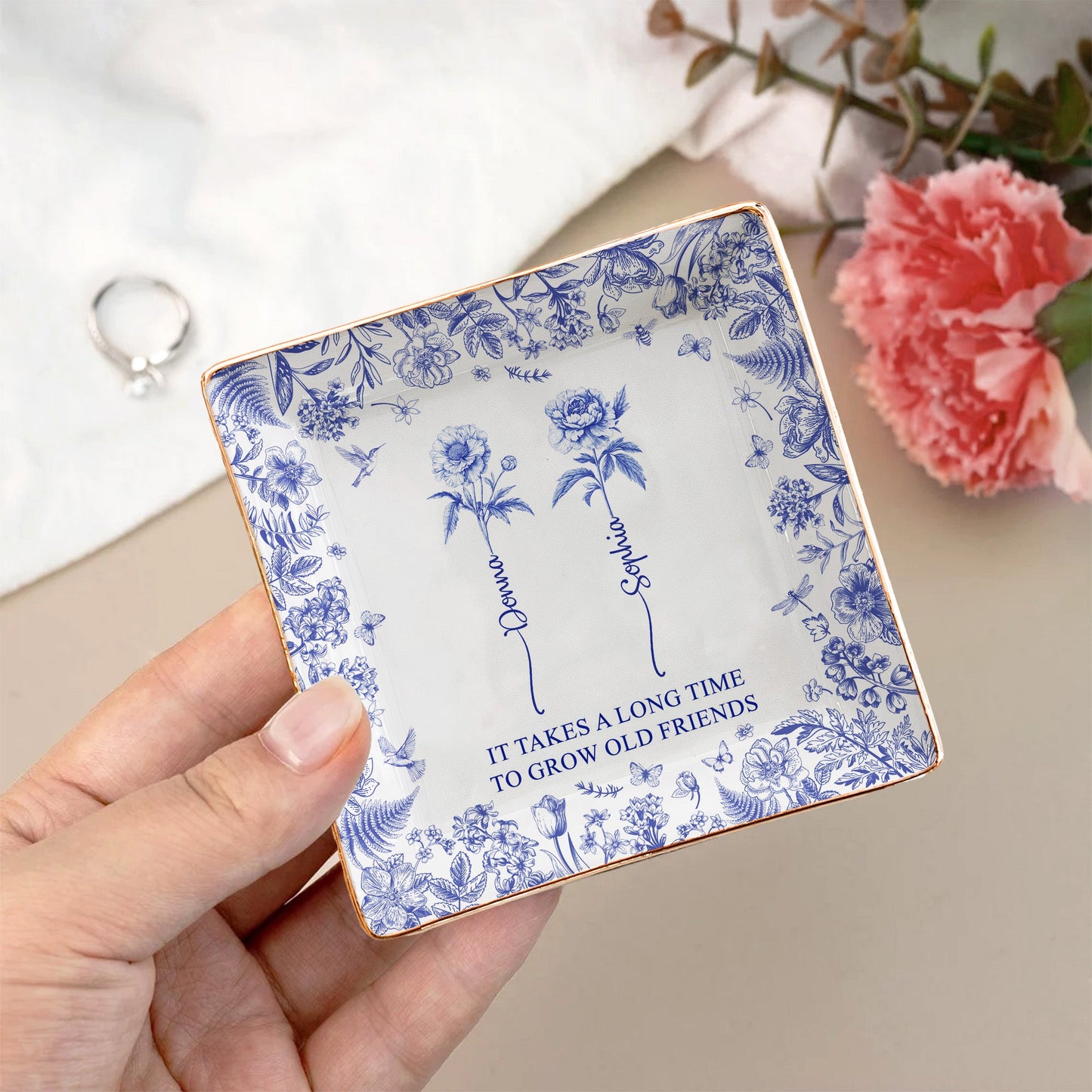 It Takes A Long Time To Grow An Old Friend, Bestie Toile De Jouy - Personalized Jewelry Dish  Christmas Gift For Friend