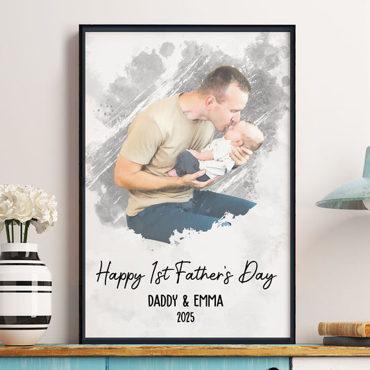 Watercolor Style Happy 1st Father's Day - Personalized Photo Poster/Canvas